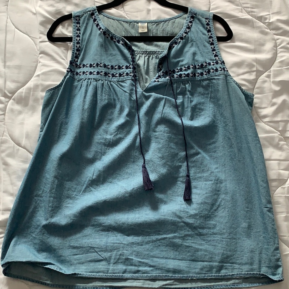 Old Navy Boho Denim Embroidered Tank with tassels
